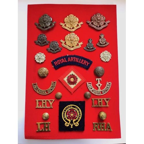 158 - Lancashire Hussars Yeomanry framed selection of 25 associated badges.  Imperial Yeomanry brass, bron... 