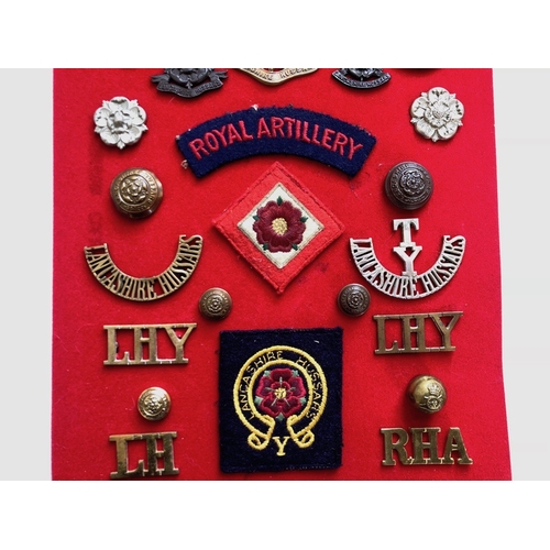 158 - Lancashire Hussars Yeomanry framed selection of 25 associated badges.  Imperial Yeomanry brass, bron... 