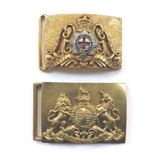 187 - Life Guards Officer and Troopers waist belt clasps. Post 1901 gilt seeded plate mounted with crown a... 