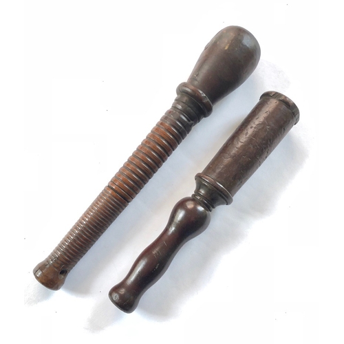 206 - 19th Century Wooden Tipstaff and Persuader Cosh.  An example of a turned wood tipstaff. Length 11 in... 