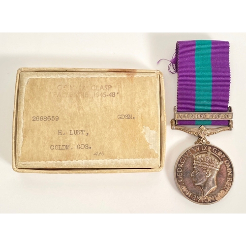 222 - Coldstream Guard General Service Medal, clasp Palestine 1945-48  Awarded to 2668659 GDSM H LUNT COLD... 