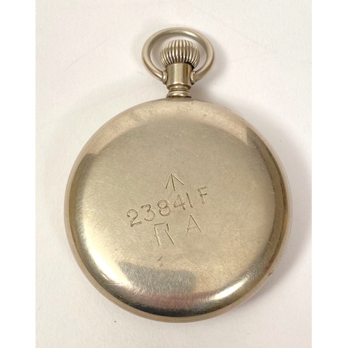 312 - WW1 British Issue pocket watch. This example is a Royal Artillery issue and made by Elgin. Black fac... 