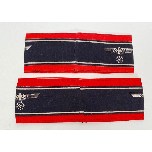 387 - German Third Reich 2 narrow Deutscher Volkssturm Wehrmacht armbands.  Good red cotton bands, printed... 