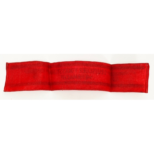 404 - German Third Reich Volksturm ArmbandGood unusual red linen band, printed with black line top and bot... 