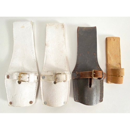 519 - Four British Bayonet Frogs.   Comprising: 2x White buff leather. 1x black leather Rifle Regiment pat... 