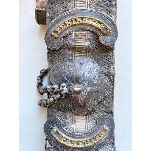 203 - 13th Hussars Victorian Officer Pouch Belt with 1873 silver fittings. Good scarce example of white Mo... 