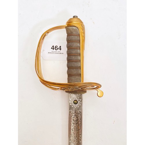 464 - RAMC Victorian Officer Sword By Wilkinson. The 32 inch blade is decorated with a crowned reverse ent... 