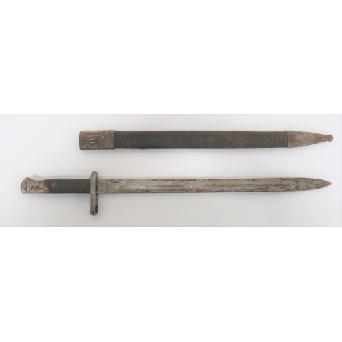 Spanish M1893 Sword Bayonet
15 3/4 inch, single edged blade with narrow fuller.  Forte marked "Artilleria National".  Steel crossguard, muzzle ring and pommel.  Checkered wooden slab grips.  Contained in its leather scabbard with steel mounts.  
