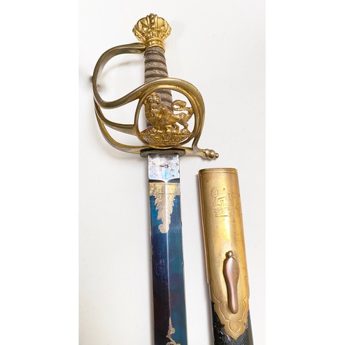 98 - Victorian Officers Blue and Gilt Levee Sword.Made by the cutler Robert Mole of Birmingham.  Straight... 