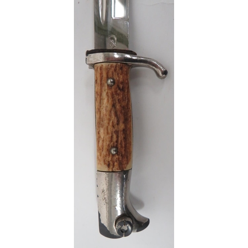 113 - German K98 Antler Gripped Dress Bayonet
9 3/4 inch, single edged, plated blade with sharpened back e... 