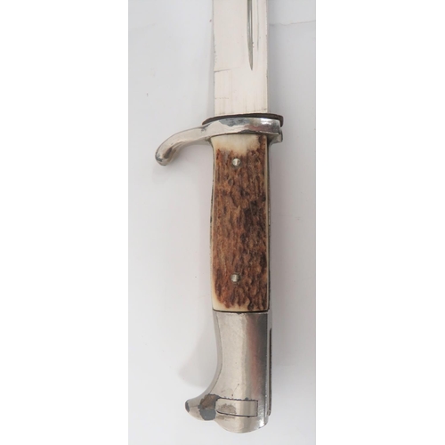 113 - German K98 Antler Gripped Dress Bayonet
9 3/4 inch, single edged, plated blade with sharpened back e... 