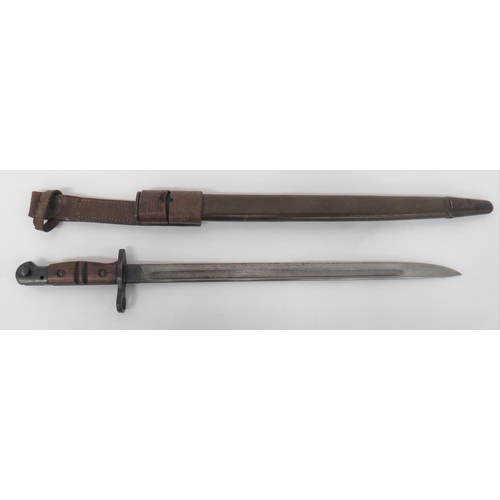 WW1 American P17 Bayonet
17 inch, single edged blade with fuller.  The forte with maker code "W" (Winchester) and American Ordnance stamps.  Blued muzzle ring, crossbar and pommel.  Wooden grooved slab grips.  Contained in its green leather scabbard with steel mounts.  Complete with 1939 pattern, Home Guard, leather frog.  