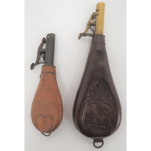 276 - Two 19th Century Leather Shot Flasks
consisting brown leather bag flasks.  Both sides embossed ... 