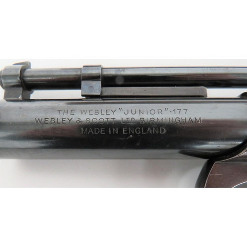 285 - Webley Junior Boxed Air Pistol
.177, 6 inch, blackened, forward hinged barrel.  Blackened tubul... 