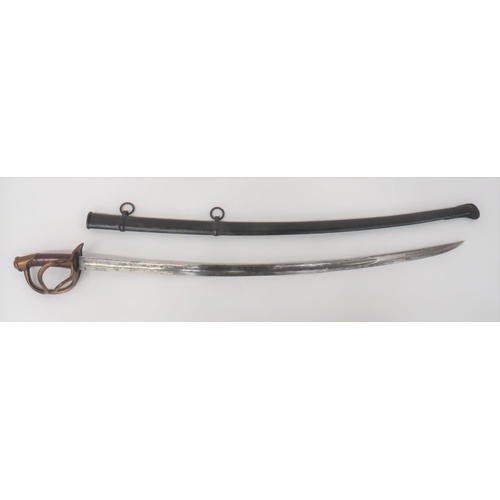Mid 19th Century Continental Contract Cavalry Sword
35 3/4 inch, single edged, slightly curved blade.  Large fuller with short, narrow rear fuller.  Back edge with maker "R & C".  Brass, three bar guard.  Brass pommel.  Re-covered plain leather grip.  Contained in its black, repainted steel scabbard with two loose hanging rings.  Steel scabbard with some pitting.  