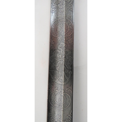 7 - Victorian South Middlesex Rifles Officer's Sword
32 1/2 inch, single edged blade.  Etched floral pan... 