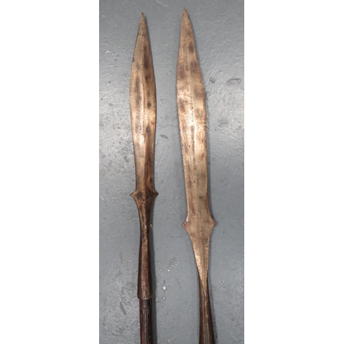 216 - Two 19th Century African Spears
17 inch, double edged blade with lower double flanges.  Lower f... 