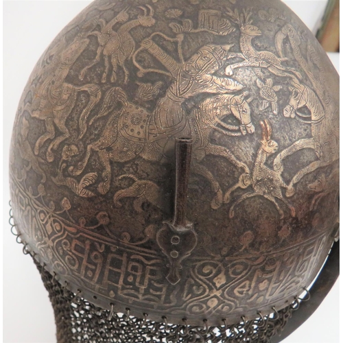 224 - 19th Century Indo- Persian Kulah Khud Helmet
steel dome crown elaborately etched and inlaid with hun... 