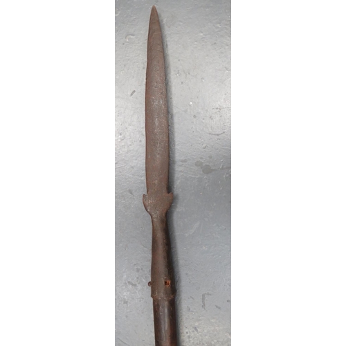 248 - 17th Century Partisan Pike
13 1/2 inch, double edged, heavy Damascus blade with lower, upward facing... 