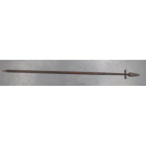 Late 18th Century Infantry NCO's Spontoon
7 inch, double edged leaf blade.  Steel cross ears.  Lower shaft with joining langets secured by steel rivets to the blackened wooden shaft.  The butt fitted with a steel spike.  Tip of blade damaged.  84 inches overall.  