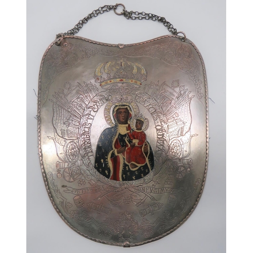 Interwar Polish Army Officer's Patriotic Gorget/Ryngraf 
based on military gorgets of the 18th century and hung in Officers' Messes.  10 inch, white metal shield with central overlaid Madonna and child surmounted by a crown and surrounded by various stand of arms.  Edge foliage scroll engraved border.  Blue velvet backing.  Minor wear to the finish.  