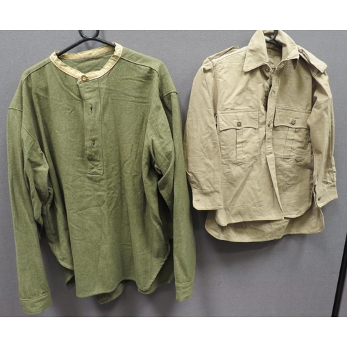 294 - Two WW2 Issue Shirts
consisting khaki woollen, collarless shirt.  The half fastened front secur... 