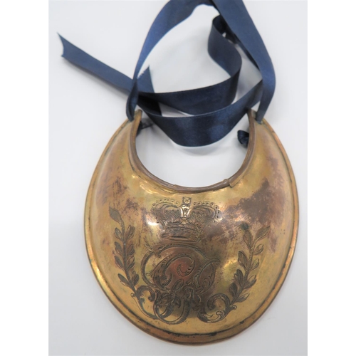 63 - Georgian Officer's Gorget
gilt brass gorget with turn over outer edge.  Engraved crown over GR ... 