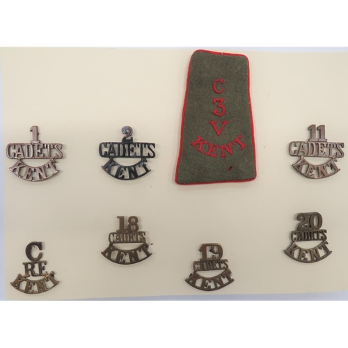 90 - Kent Cadets Battalion Shoulder Titles
consisting embroidery C.3.V. Kent ... Brass C. RE. Kent (1911-... 