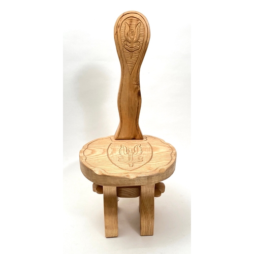 SAS Special Air Service unique carved Regimental Chair. An unusual example made of soft wood the back and seat carved with the SAS cap badge. Overall GC Height 31 inches 