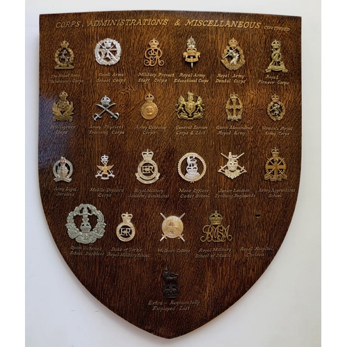 108 - 23 Corps & Services cap badges mounted on shield.   Good selection beautifully mounted on varnished ... 