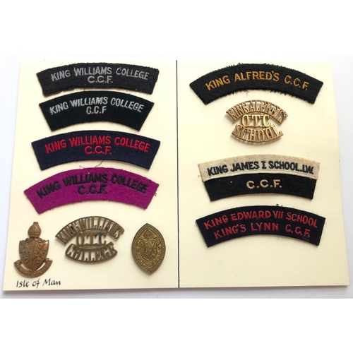 111 - 11 OTC/CCF/Cadet badges & titles.   Card with selection of metal and cloth items to include King Wil... 