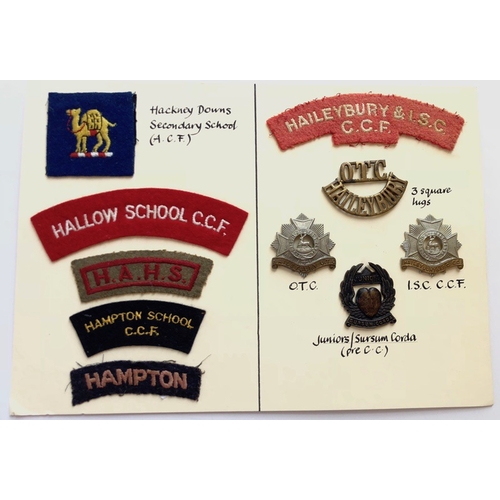10 OTC/CCF/Cadet badges & titles. Hackney Downs, All Hallow, Hampton & Haileybury   Card with selection of metal and cloth items to include Hackney Downs ... All Hallows ... Hampton ... Haileybury. All with fixings. (10 items)