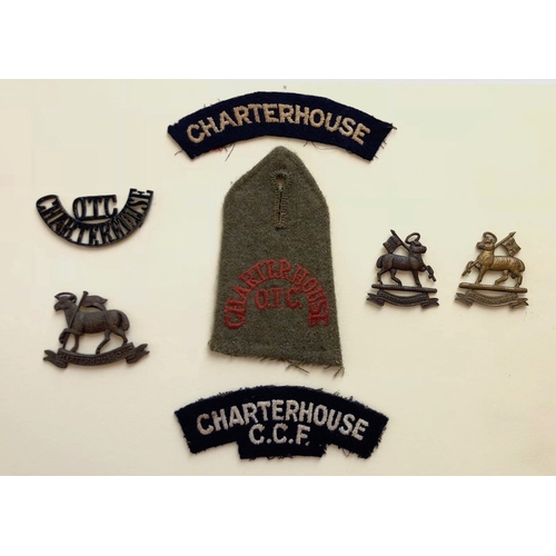 114 - 7 OTC/CCF/Cadet badges & titles. Charterhouse School.   Card with selection of metal and cloth items... 