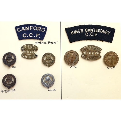 10 OTC/CCF/Cadet badges & titles. Canford  & Kings, Canterbury.   Card with selection of metal and cloth items to Canford School & Kings School, Caterbury. All with fixings. (10 items)