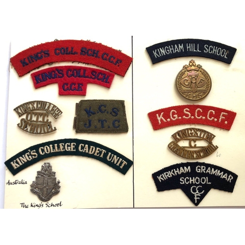 11 OTC/CCF/Cadet badges & titles. Kings College School, Kingham Hill, Kingston & Kirkham.   Card with selection of metal and cloth items to Kings College School ... Kings College Cadet Unit ... The Kings School (Australia) ...Kingham Hill ... Kingston Grammar School & Kirkham Grammar School. All with fixings. (11 items)