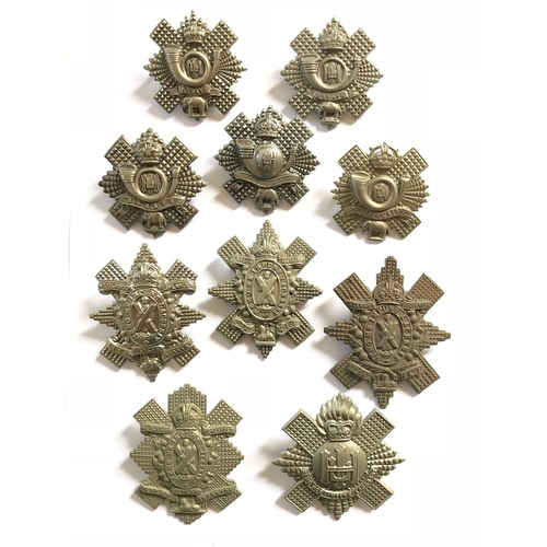 Scottish, Highland Light Infantry. 10 various glengarry badges.   QVC ... KC ... long ASSAYE ... blank scroll ... SOUTH AFRICA 1900-02 scroll ... 4 x Glasgow Highlanders HLI ... Royal Highland Fusiliers Piper. All complete with fixings. (10 items)