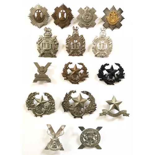Scottish Regiments. 15 various glengarry badges.   Royal Scots : ORs ...  all brass ... 4th/5th ... Pipers.  Cameronians : brass ... blackened brass ... white metal Sgts cast (repaired)  ...  Pipers. Kings Own Scottish Borderers QVC ... KC  (replaced loops) .... QC anodised. Lowland Regiment ... Highland Brigade (anodised) ... Lowland Brigade (anodised). All complete with fixings. (15 items)