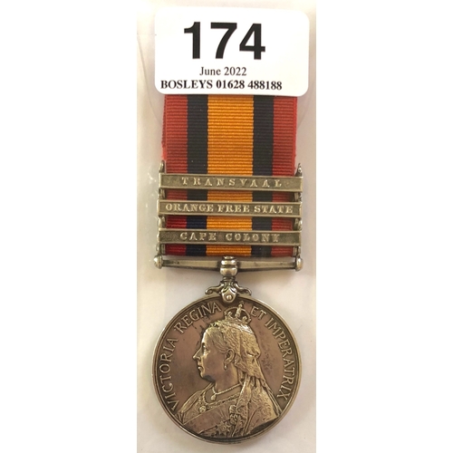 Army Ordnance Department Boer War unusual rank three clasp Queens South Africa Medal   Awarded to CIV CLERK A.H. GALBRAITH A.O.D. bearing clasps CAPE COLONY, ORANGE FREE STATE and TRANSVAAL.            Civilian A H Galbraith is confirmed as a civilian attached to the AOD he first served at Cape Town and later Pretoria. His address is given as Peckham Rye London