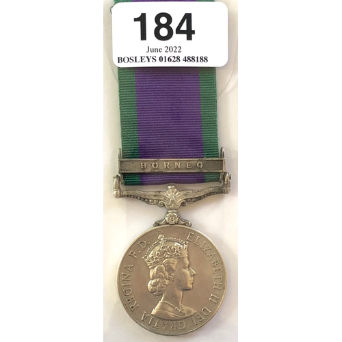 Royal Signals Campaign Service Medal, clasp BORNEO.   Awarded to 23745205 CPL B.H. HUSSEY R. SIGNALS.