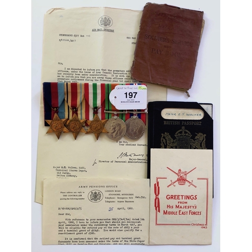 WW2 Royal Army Ordnance Corps Officer's attributed Medal Group. Attributed to Major E.T. Walker. Comprising: 1939/45 Star, Africa Star, Italy Star, Defence Medal, War Medal mounted as originally worn. Accompanied by a quantity of paperwork including: Pay Book, Enlistment papers, discharge papers etc. Major Eric Thirley Walker enlisted into the ranks of the RAOC in 1935 at Nottingham. Commissioned he served through WW2 and resigned his commission in 1960