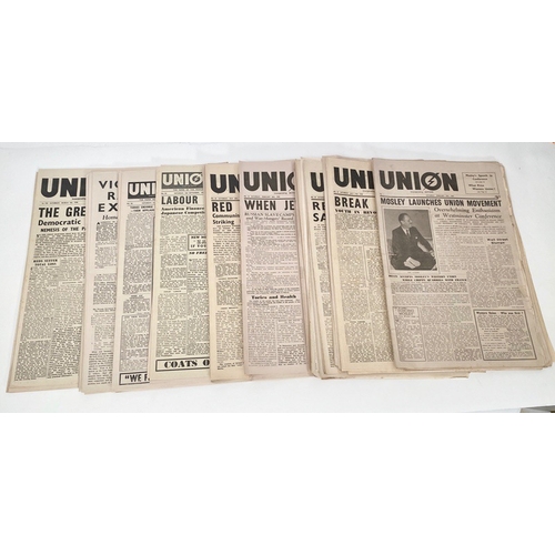 BUF British Union of Fascists Union Movement 1948-1950 Official Newspaper "UNION ", A rare complete run of the official Union newspaper, numbers 1 through to 111. These papers provide a wealth of research information, illustrations and adverts. The overall condition is good, with the usual discolouring and some wear associated with their age. (111 items)
