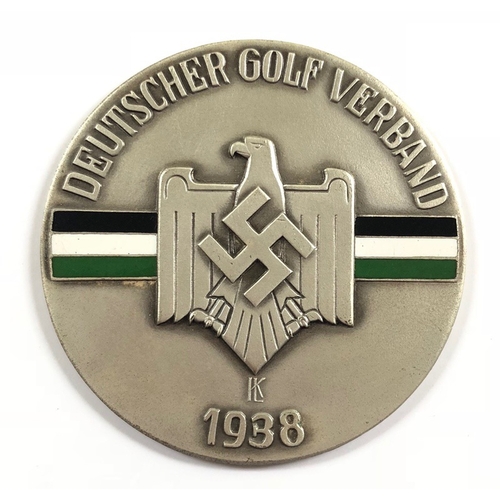 356 - German Third Reich cased 1938 Golf award to an Englishman.   Fine rare circular silver example beari... 