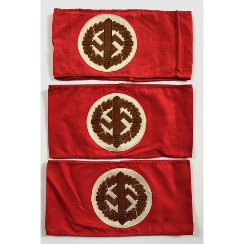 357 - German Third Reich. 3 x Stormtrooper SA Sports armbands.   Each being a good red cotton band with ap... 