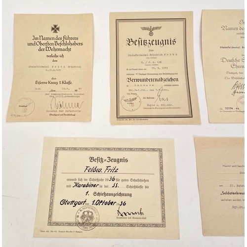 369 - German Third Reich award documents to Iron Cross winner Infantry Stabsfeldwebel. Good rare grouping ... 