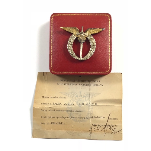 390 - Czech WW2 Attributed Pilot Silver Breast Wings Badge & Certificate. A rare pair presented to Squ... 