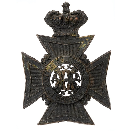 1st Nottinghamshire Rifle Volunteer Corps (Robin Hoods) Victorian post 1881 helmet plate.   Good scarce die-stamped blackened brass crowned Maltese cross, lions between the arms, bearing a circlet inscribed 1st NOTTINGHAMSHIRE R.V. CORPS, RH cypher, reversed entwined, to voided centre. Three loops. GC            Raised on 15th November 1859.
