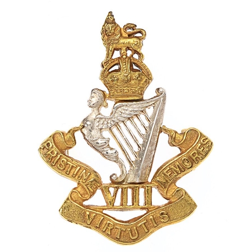 80 - 8th Kings Royal Irish Hussars pre 1953 Officer's silver cap badge. Good die-cast silver Maid of Erin... 