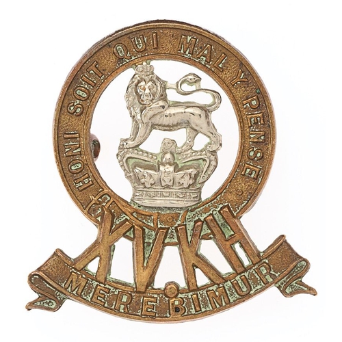 85 - 15th Kings Hussars Victorian cap badge circa 1896-1901.   Good die-stamped brass Garter over XV.KH o... 