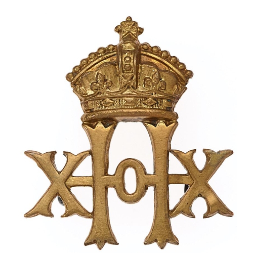 90 - 20th Hussars Victorian cap badge circa 1896-1901.   Good scarce die-stamped brass Imperial crowned X... 