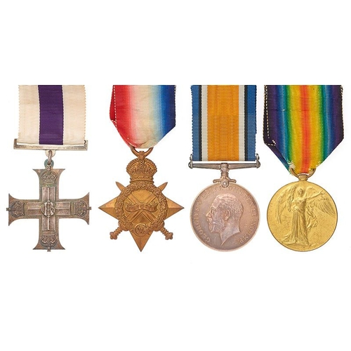 Welsh. 2nd Monmouth Regt Military Cross MC KIA group of four medals. Awarded to Lieutenant William Mandeville Sankey MC who was killed during the German Spring offensive in March 1918. Comprising: Military Cross original ribbon and pin in leather case, 1914/15 Star 2 LIEUT W.M. SANKEY MON R (SMALL STAMPING), British War Medal, Victory Medal LIEUT. Medals loose with a quantity of research. The announcement of the Military Cross appeared in the London Gazette on the 1st January 1917. Lieutenant William Mandeville Sankey MC was born St. Thomas Exmouth and at the outbreak of the war was granted a commission in the Monmouthshire Regiment. Posted to the 1/2nd Bn he landed in France on the 3rd August 1915. On the 1st July 1916 the first day of the Battle of the Somme he was given commanded of the Battalion Bombers and Snipers, He and his men were in the thick of the fighting on this and the following days and it is believed these actions lead to the award of the Military Cross. He is noted as being wounded on two occasions during this period. During the German March Offensive with the 2nd Bn he was mortally wounded on the 22nd March 1918, succumbing to his wounds the following day and buried in Ypres Reservoir Cemetery.